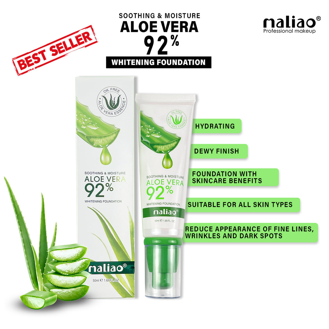 Maliao Aloe Vera 92% Soothing & Moisture Whitening Foundation - Nourish and Illuminate