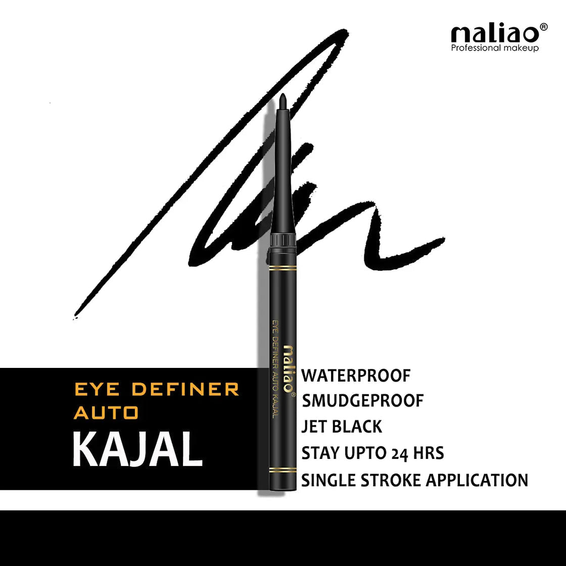 Maliao Eye Definer Auto Kajal - 24HR Waterproof Jet Black, Smudge-Proof Formula