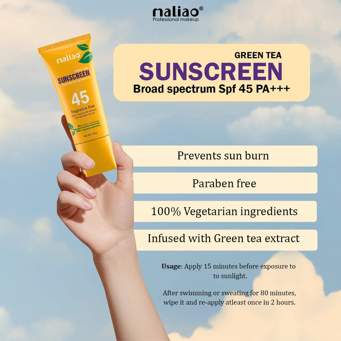 Maliao Green Tea SPF 45PA+++ Water-Resistant Sunscreen - UV Protection for Skin Care