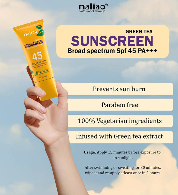 Maliao Green Tea SPF 45PA+++ Water-Resistant Sunscreen - UV Protection for Skin Care