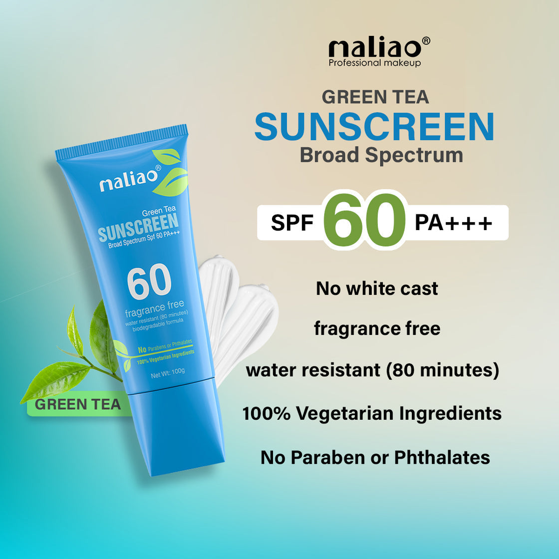 Maliao Green Tea Water Resistant Sunscreen - Broad Spectrum SPF 60 PA+++ 100g